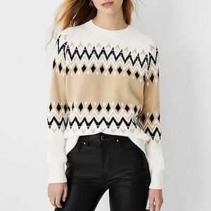 ANN TAYLOR Fair Isle Sweater Ivory Tan Black Wool Blend Size XSmall